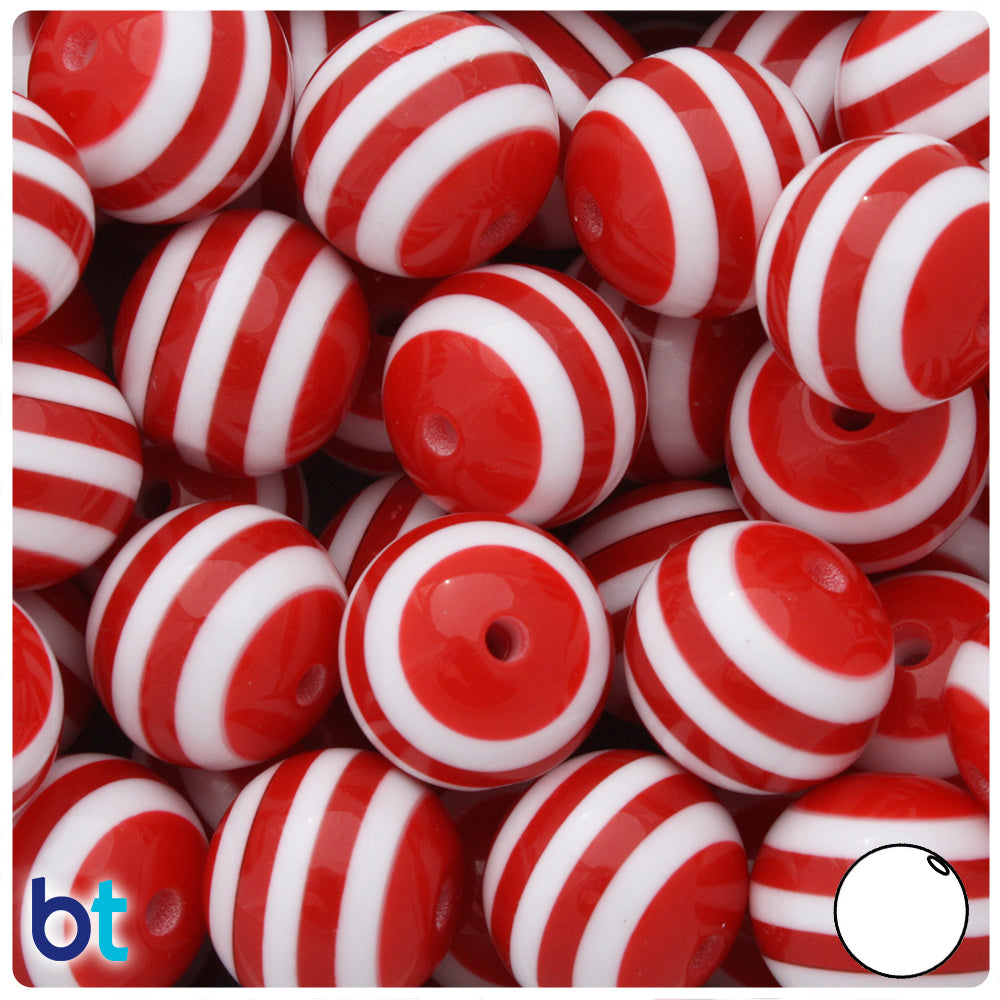 Red Opaque 20mm Round Resin Beads - White Stripes (10pcs)