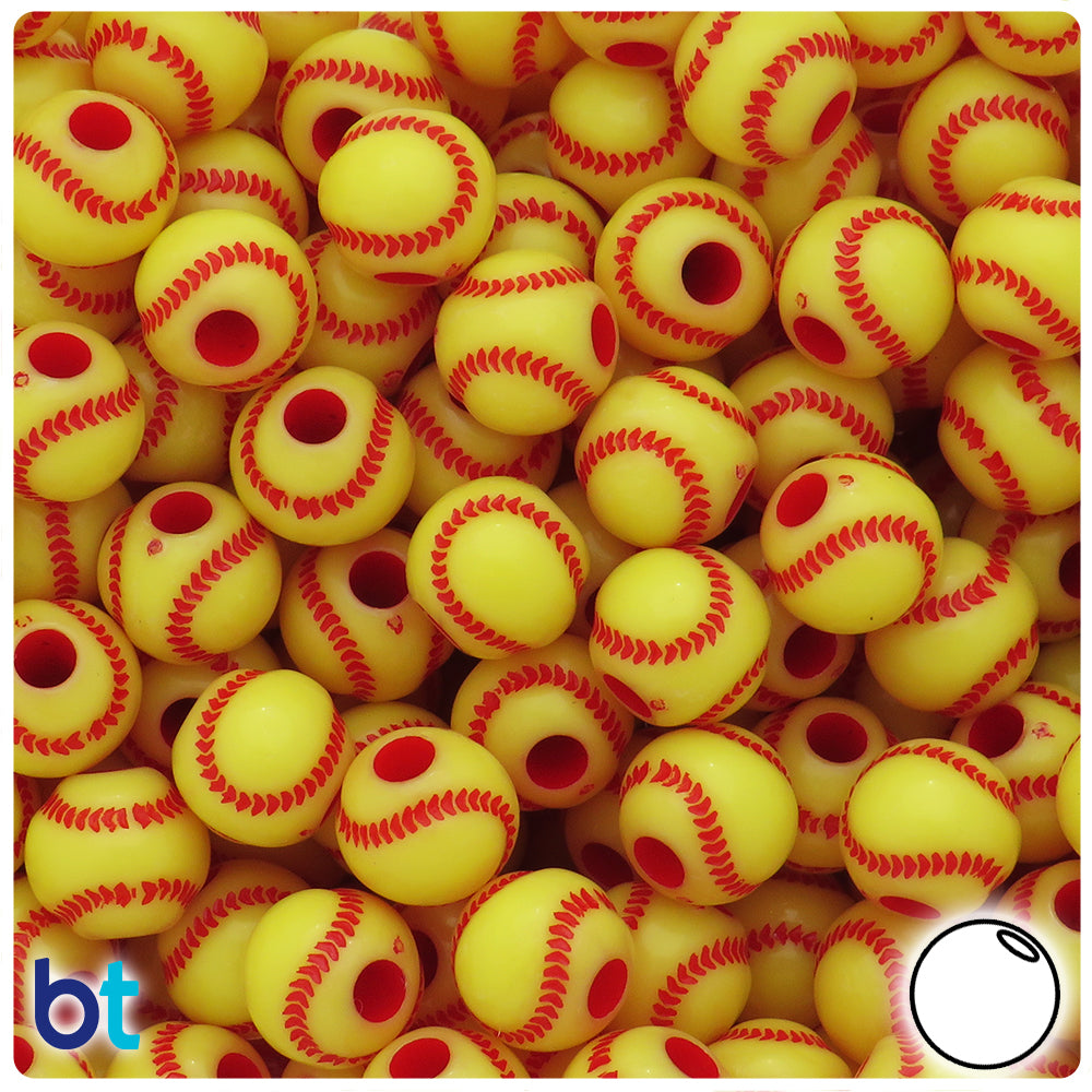 Yellow Opaque 12mm Round Pony Beads - Red Baseball Design (48pcs)