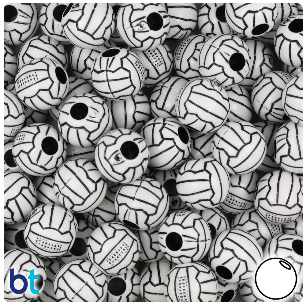 White Opaque 12mm Round Pony Beads - Black Volleyball Design (48pcs)