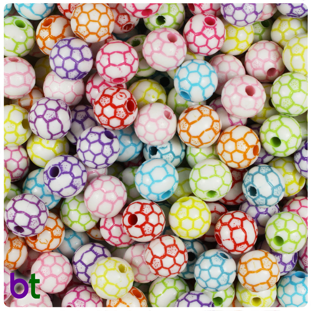 White Opaque 10mm Round Plastic Beads - Colored Soccer Ball Design (80pcs)