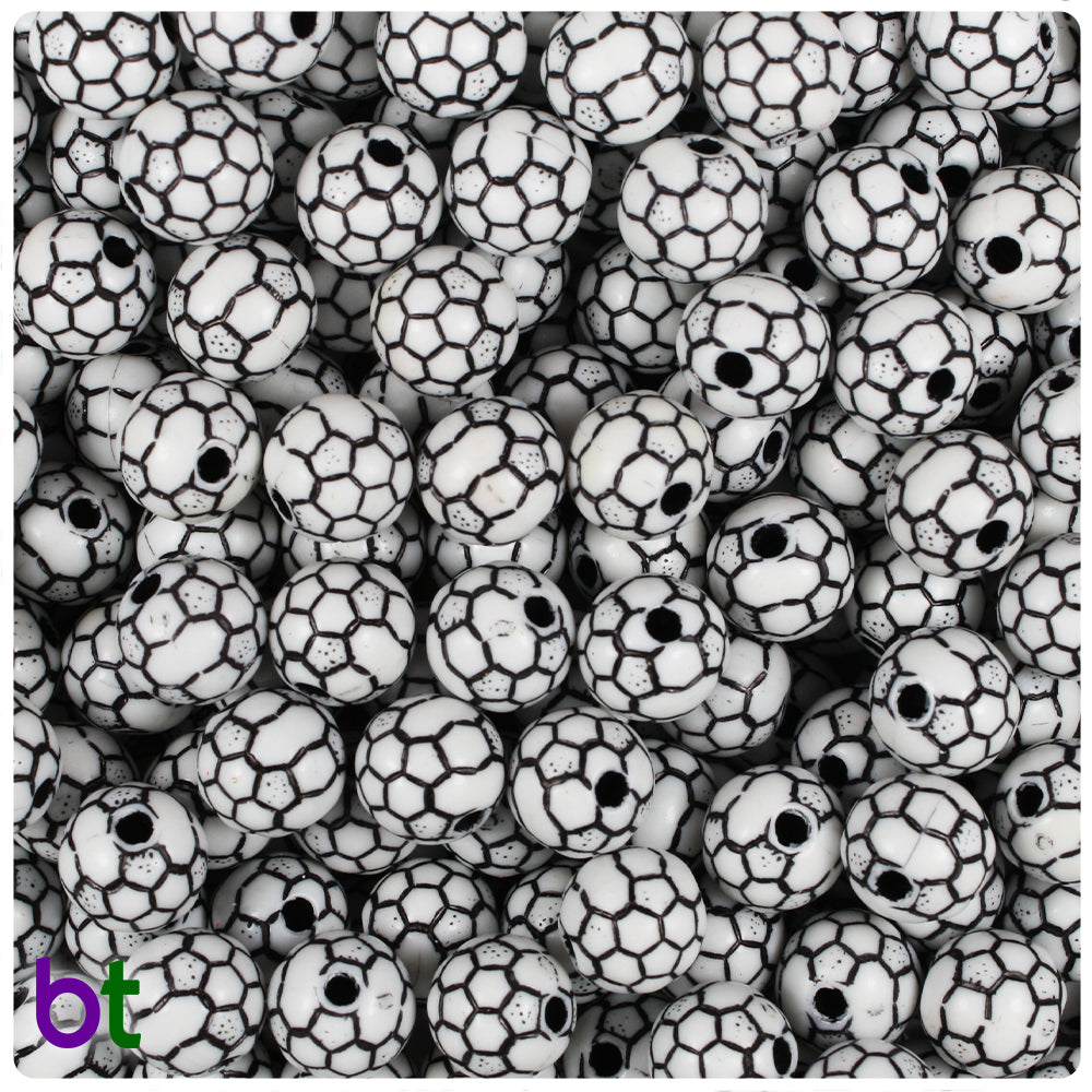 White Opaque 10mm Round Plastic Beads - Black Soccer Ball Design (80pcs)