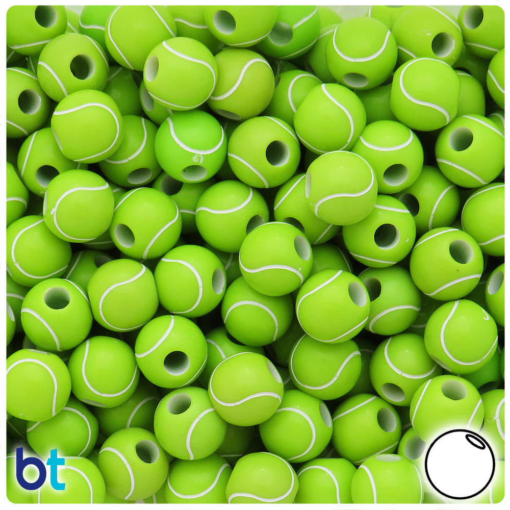 Green Opaque 12mm Round Pony Beads - White Tennis Ball Design (48pcs)