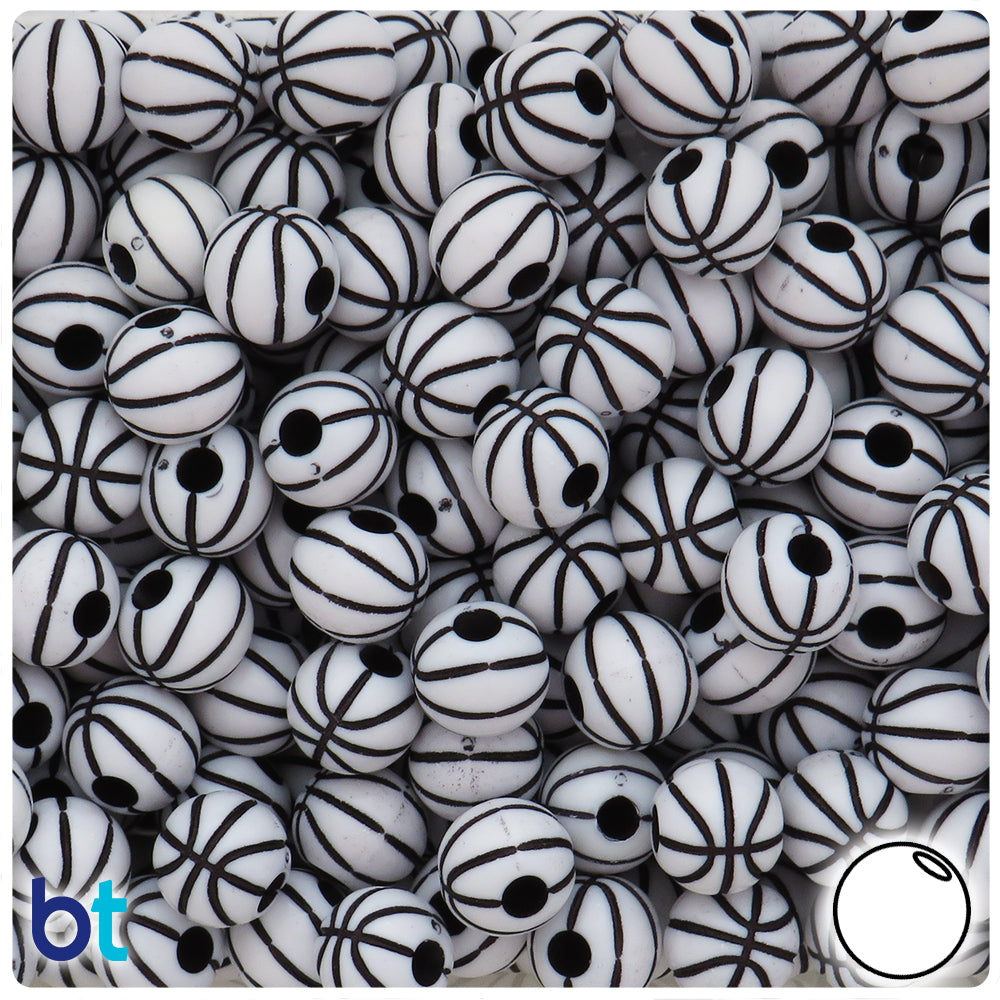 White Opaque 12mm Round Pony Beads - Black Basketball Design (48pcs)