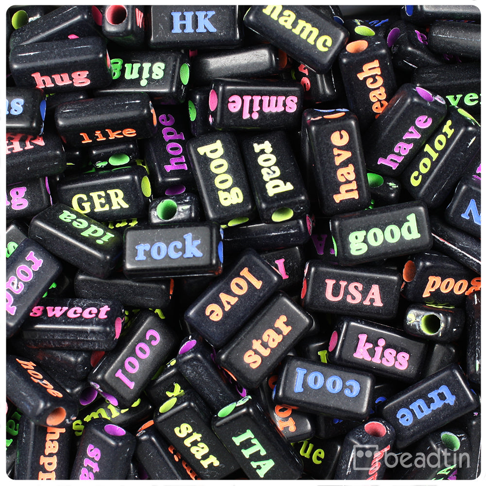 Black Opaque 15mm Rectangle Alpha Beads - Colored Words (100pcs)