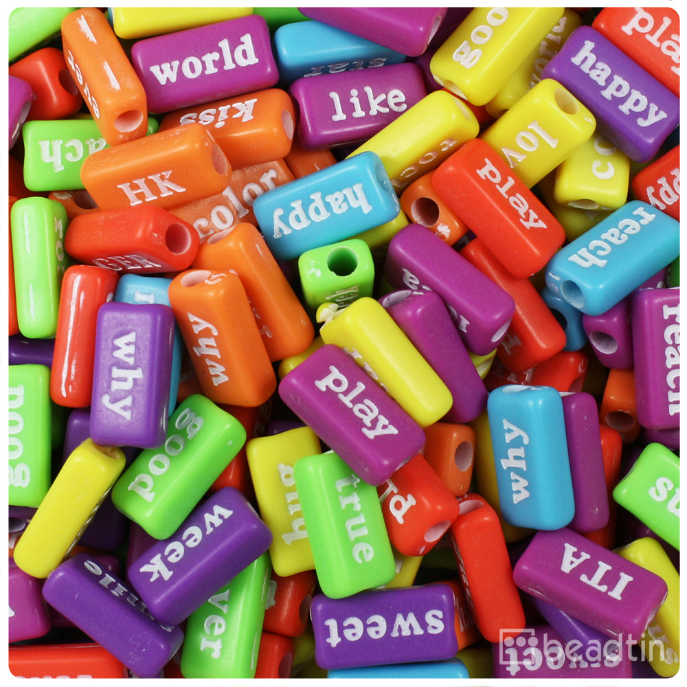 Mixed Opaque 15mm Rectangle Alpha Beads - White Words (100pcs)