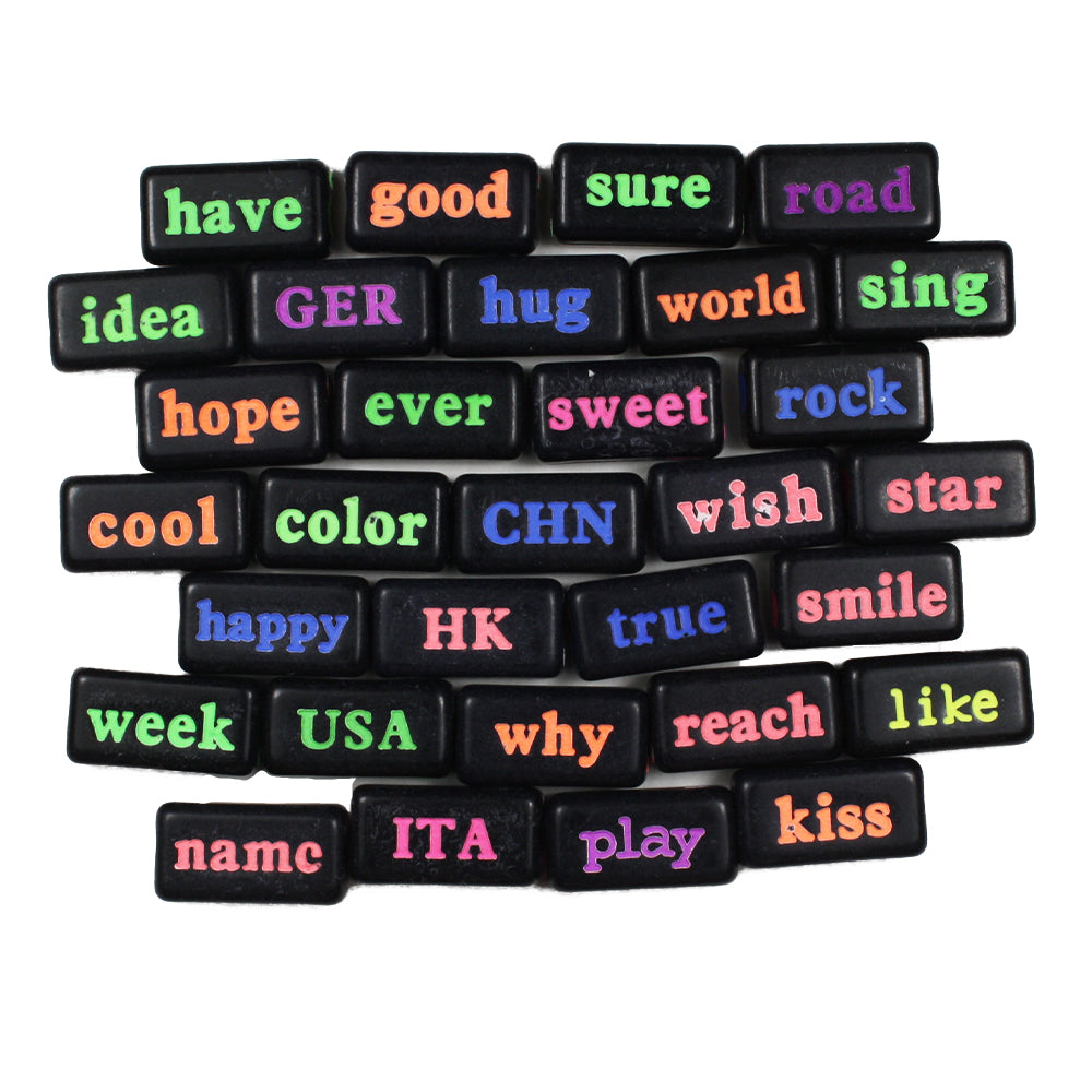 Black Opaque 15mm Rectangle Alpha Beads - White Words (100pcs)